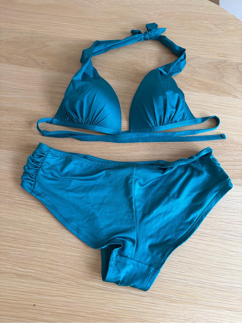 Women’s Teal Halter Bikini Set with Ruched Briefs - Picture 2 of 5